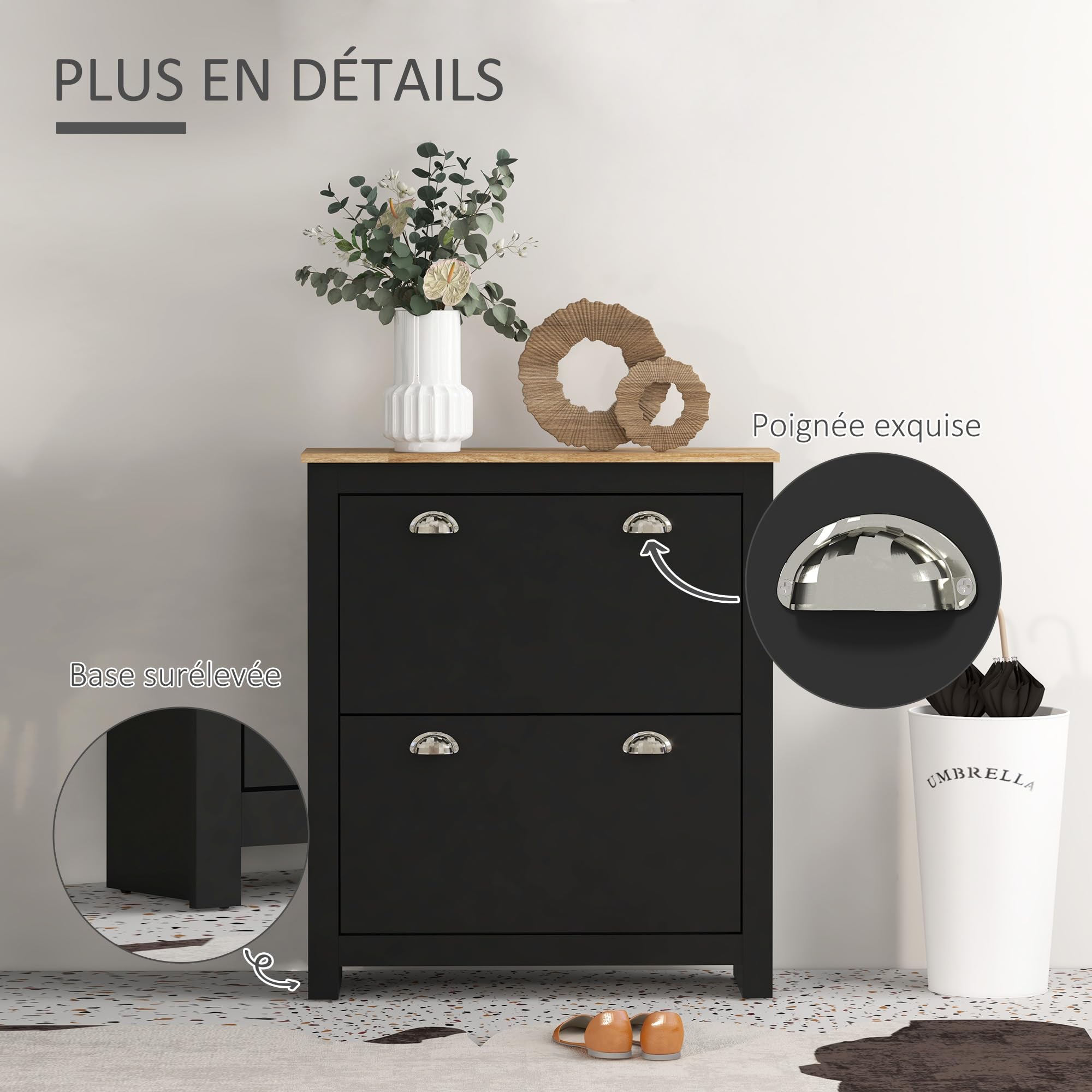 HOMCOM Meuble à Chaussures 12 Paires Étroite 79x23x90,5 cm Noir et Chêne | Armoire à Chaussures, 2 Tiroirs Rabattables, Étagères Réglables, Poignées Coquilles Métal, pour Couloir, Entrée