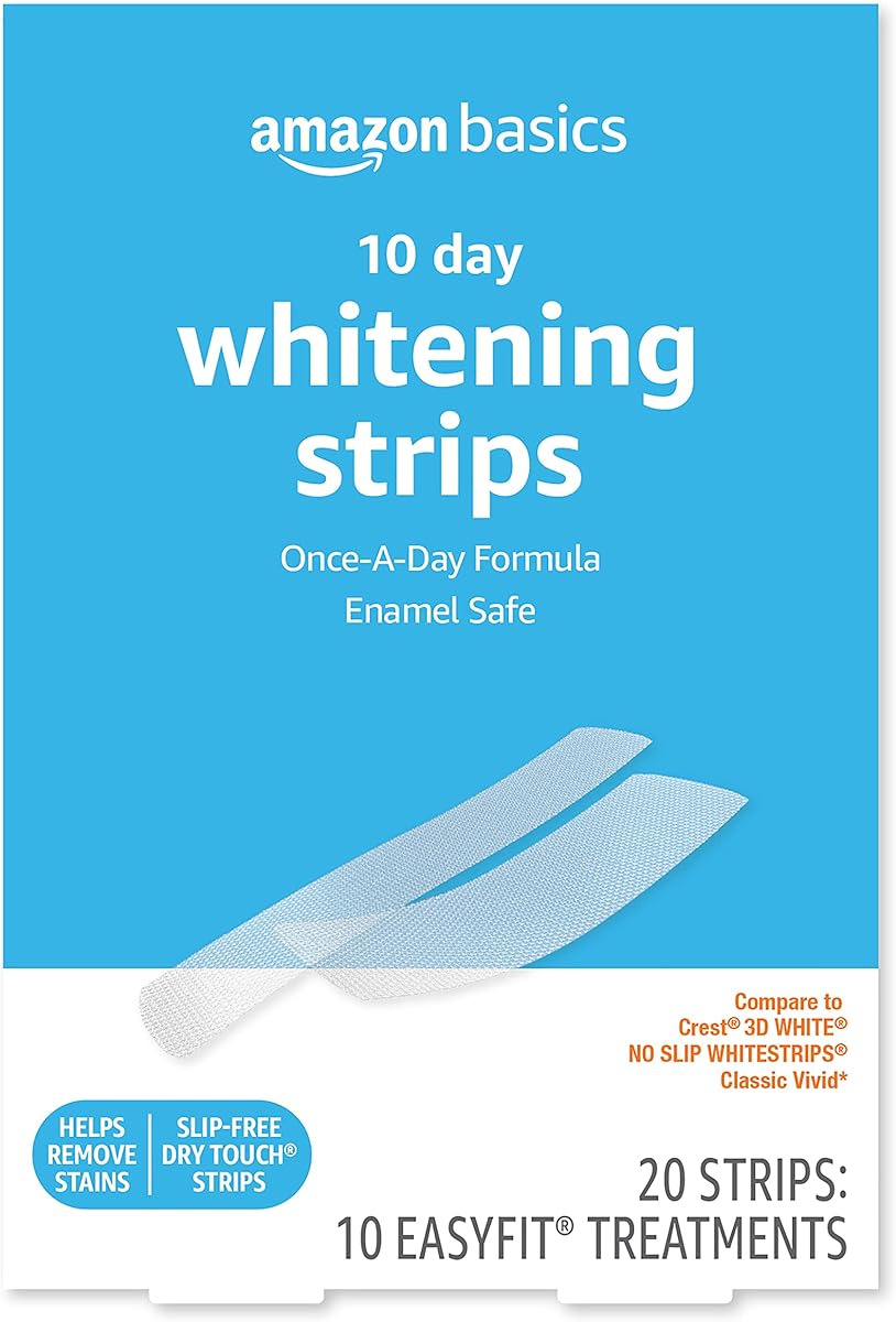 Amazon Basics 10 Day Teeth Whitening Strips Kit, Enamel Safe Formula, Convenient Daily Use, 10 Treatments, 1-Pack (Previously Solimo)