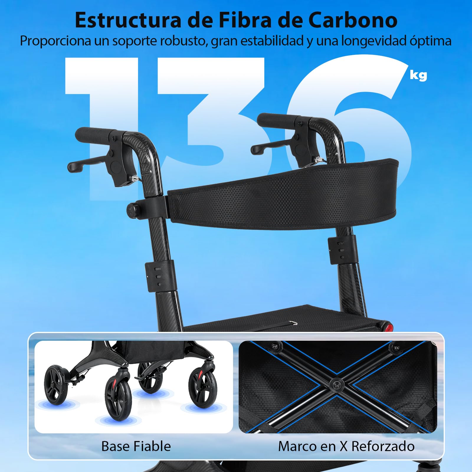 COSTWAY Andador Plegable para Ancianos, Caminadores para Mayores con Asiento, Estructura de Fibra de Carbono, 4 Ruedas de 20 cm, Altura Ajustable, Bolsillo, Tacataca para Ancianos, Carga 136kg