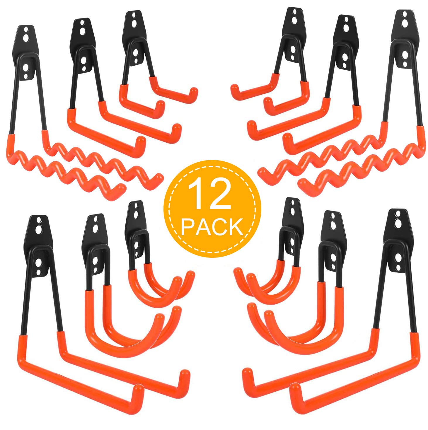 naspaluro 12 Pack Garage Storage Hooks, 6 Size of Wall Mounted Utility Double Hooks, Heavy Duty Hooks for Ladders, Bikes, Hoses, Ropes, Bulk Items, Garden Farm Workbench Warehouse Tools Shed