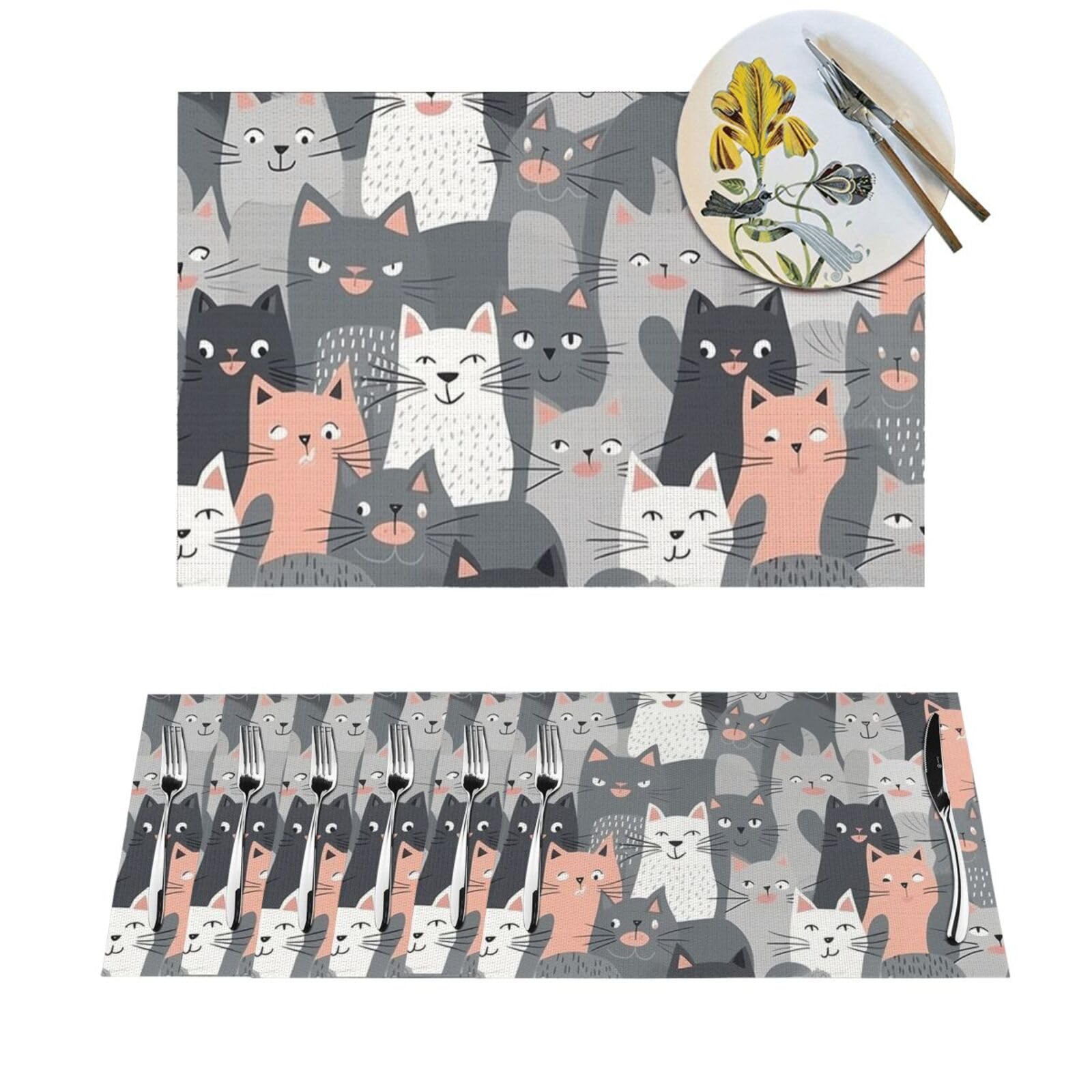 Sets de table chat gris antidérapants et lavables en PVC pour protéger votre cuisine