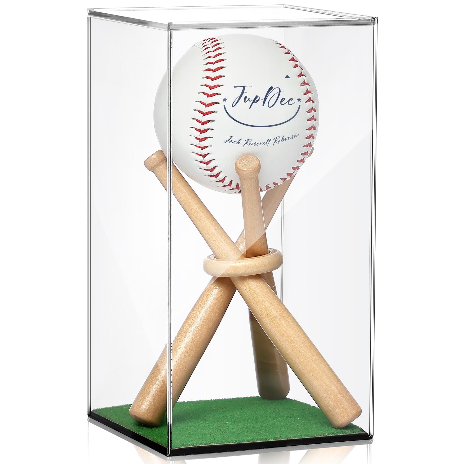 JupDec Baseball Display Case with Wood Stand, Clear Acrylic Stable & Secure Game Ball Holder Showcase, UV Protection Souvenirs and Collectibles Box with Turf, Ideal Gift for Autograph Single MLB Ball