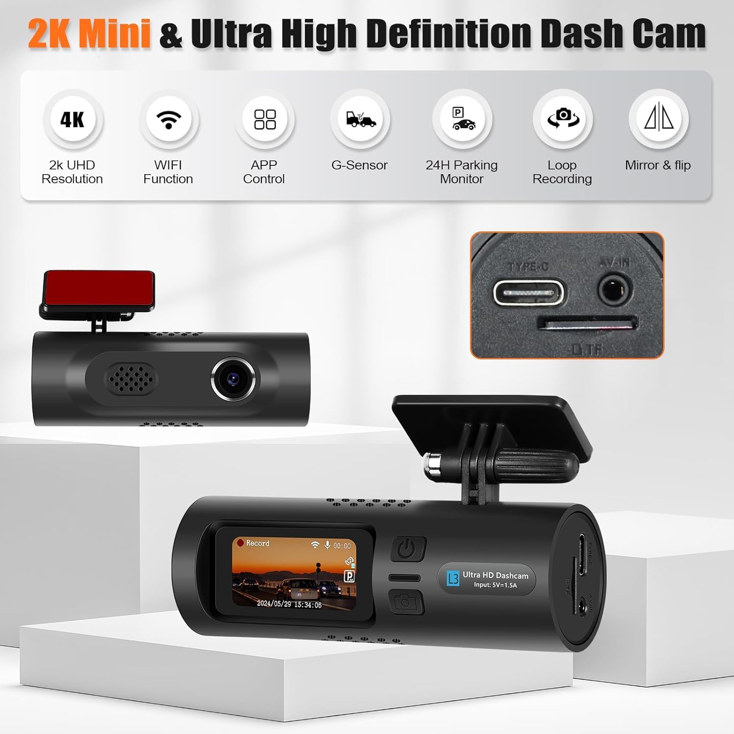 CAMECHO Dashcam 2K Mini 1.5'' IPS WiFi G-Sensor Enregistrement Boucle Angle 150°