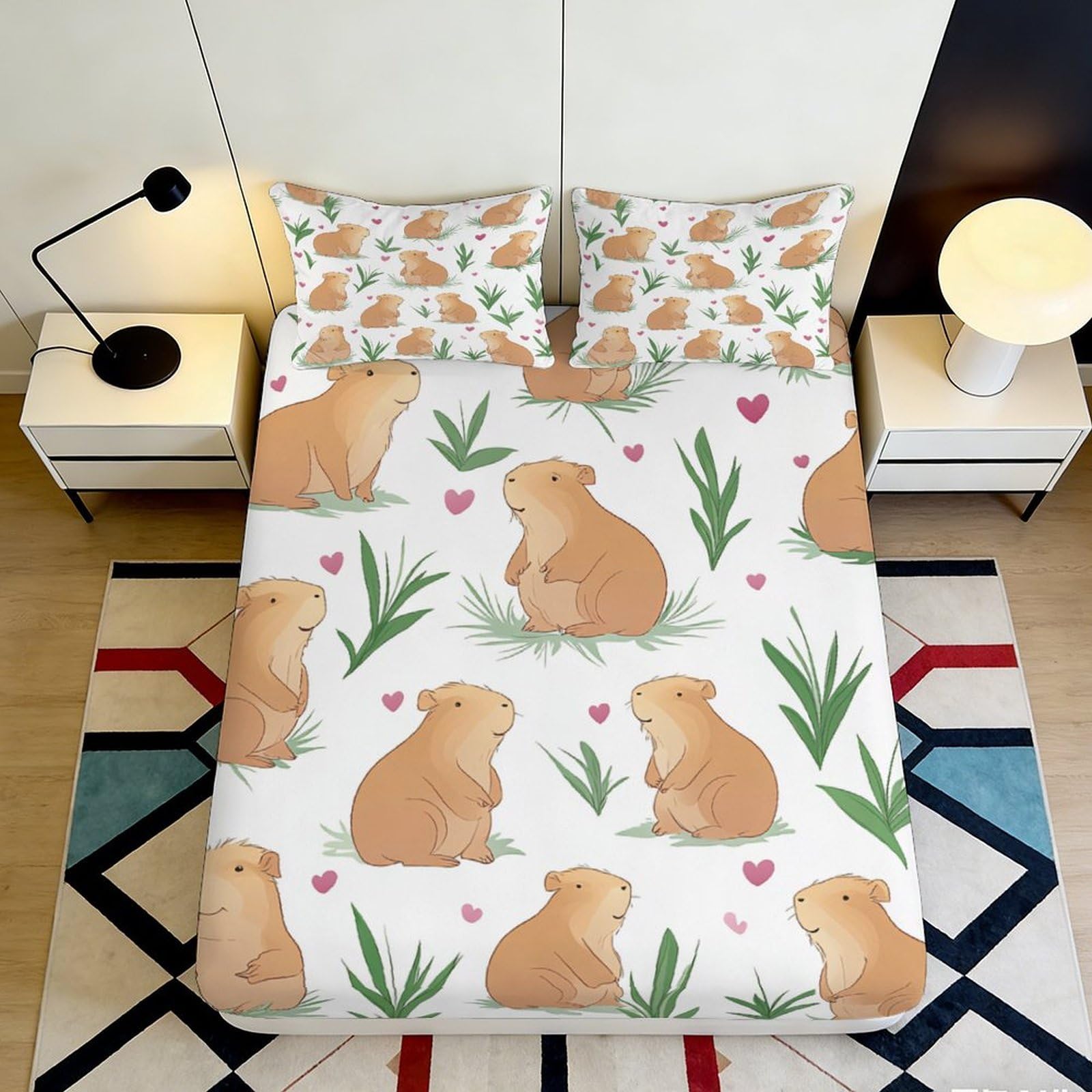 3D Printed Guinea Pig Pattern Fitted Sheet Microfiber Deep Pocket Bedroom Bedding Guinea Pig Mattress Fitted Cover for Adults Teens 90x200x25cm