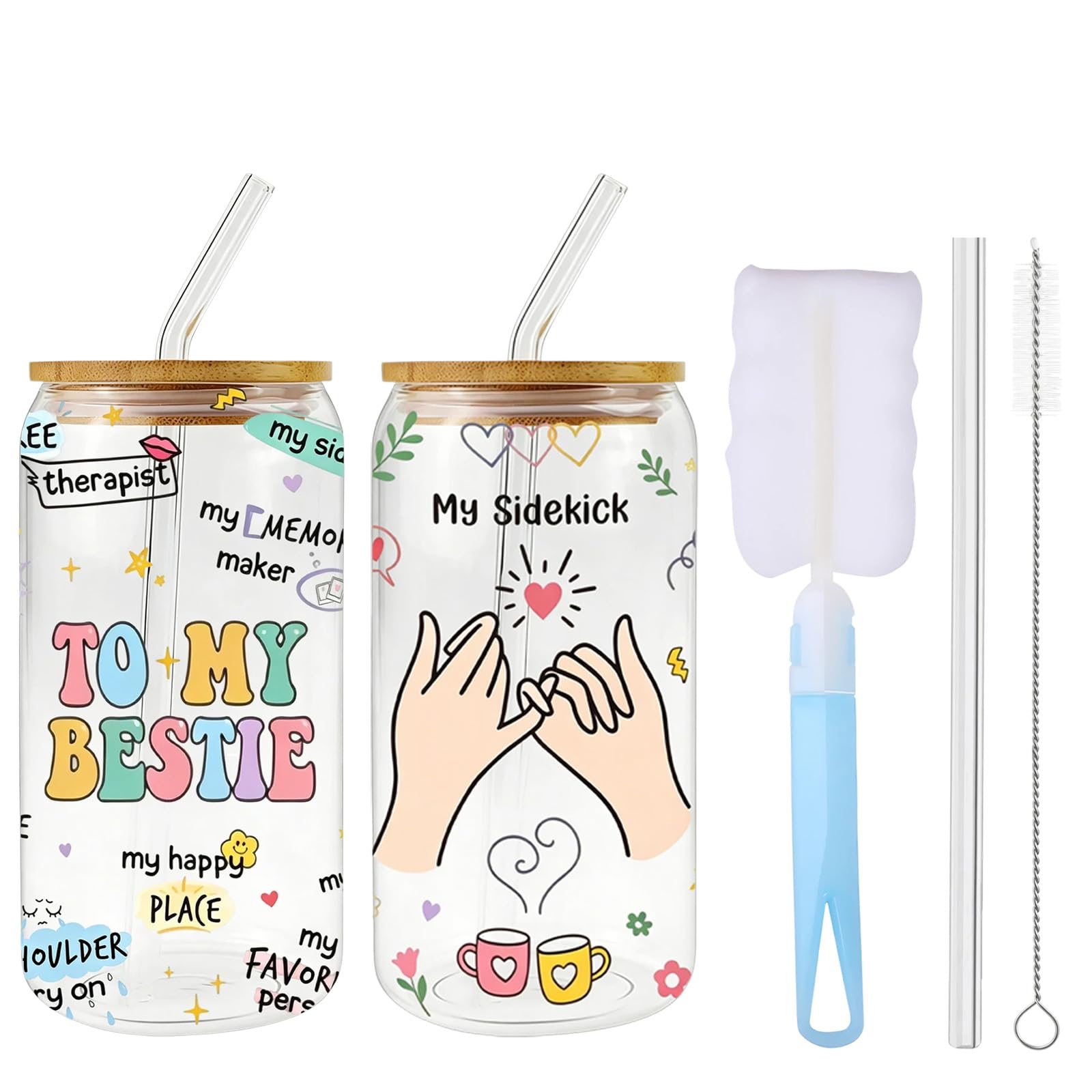Zorvix Best Friend Birthday Gifts for Women, Iced Coffee Cup Friendship Present, Bestie Gifts Glass Cups with Lids and Straws, Brush, Friends Merchandise for Work Bestie, BFF, Sister
