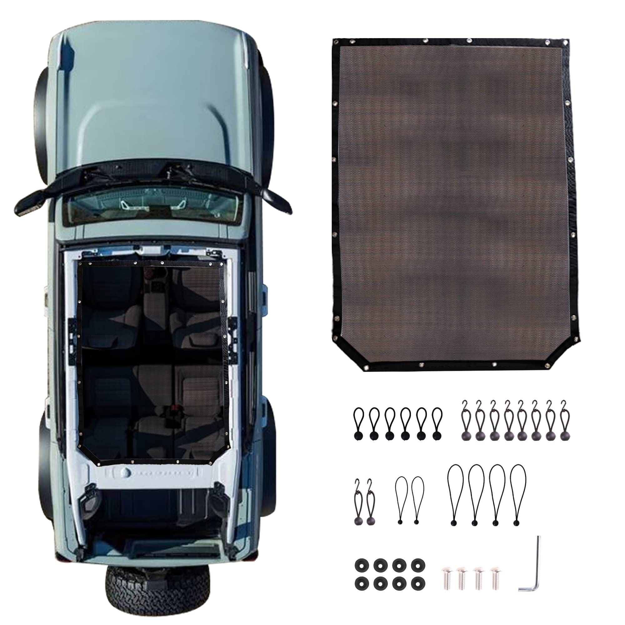 Photo 1 of Sunshade for Ford Bronco 4 Door 2021 2022 Full Length Sun Shade Bikini Soft Top Sunroof Mesh for Ford Bronco Accessories Sunscreen Net, Blocks UV, Wind, Noise, Black