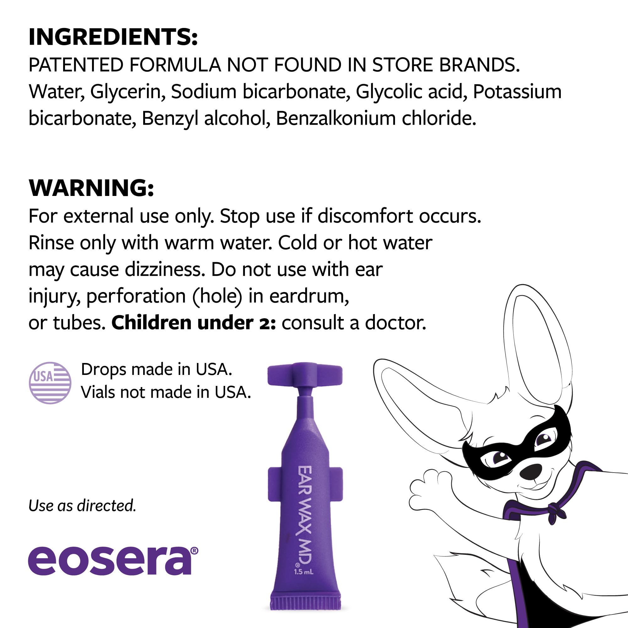 eosera® Ear Wax MD® para niños, gotas de limpieza de cera, 5 frascos de un solo uso, acción rápida, descompone y disuelve la cera en solo 1 tratamiento, clínicamente probado, suave y seguro