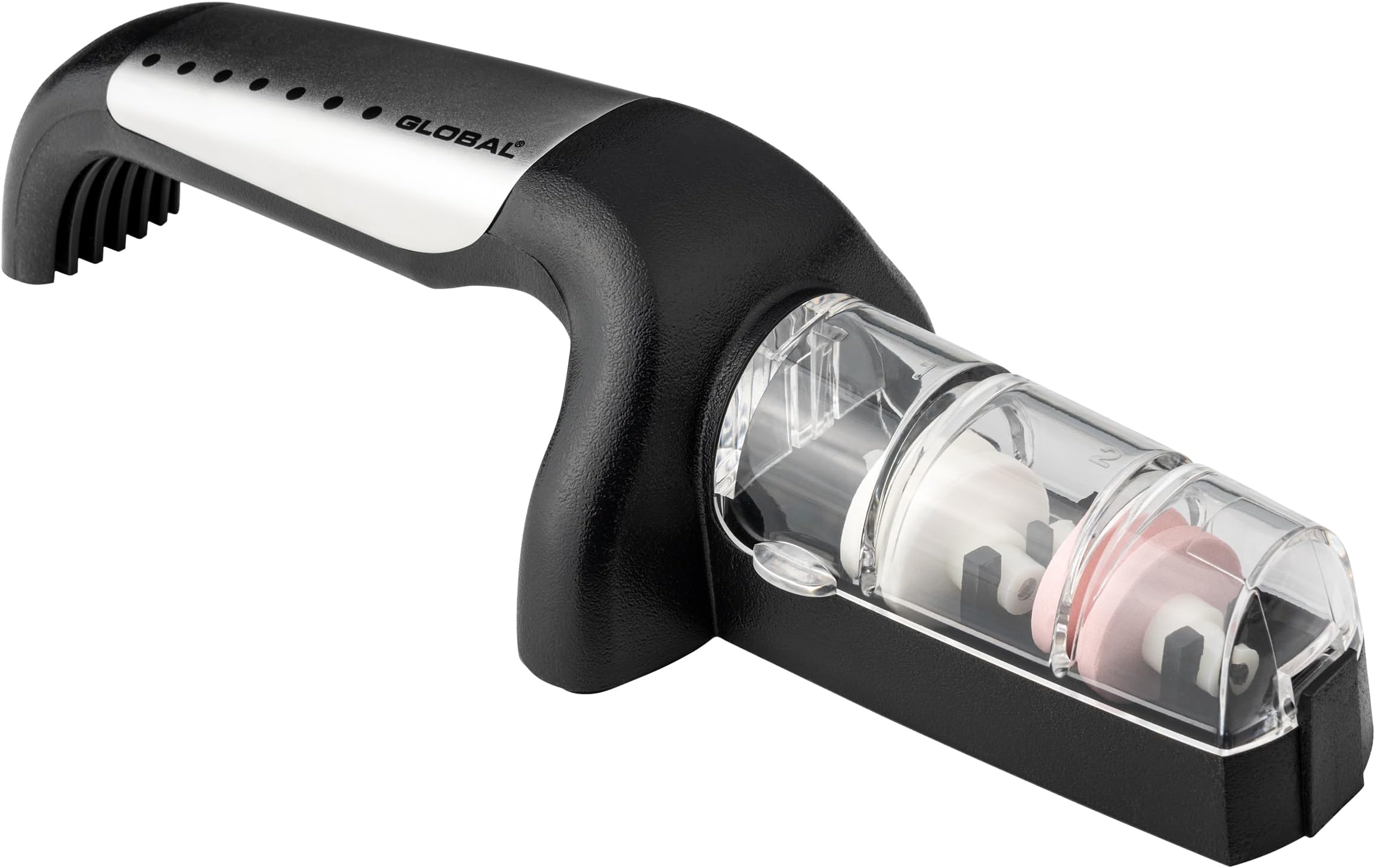2 Stage Ceramic Knife Sharpener. Non-slip base for safe and secure grip. Consists of 2 ceramic wheels. Coarse grinding (white) and fine grinding (pink). Made in Japan.