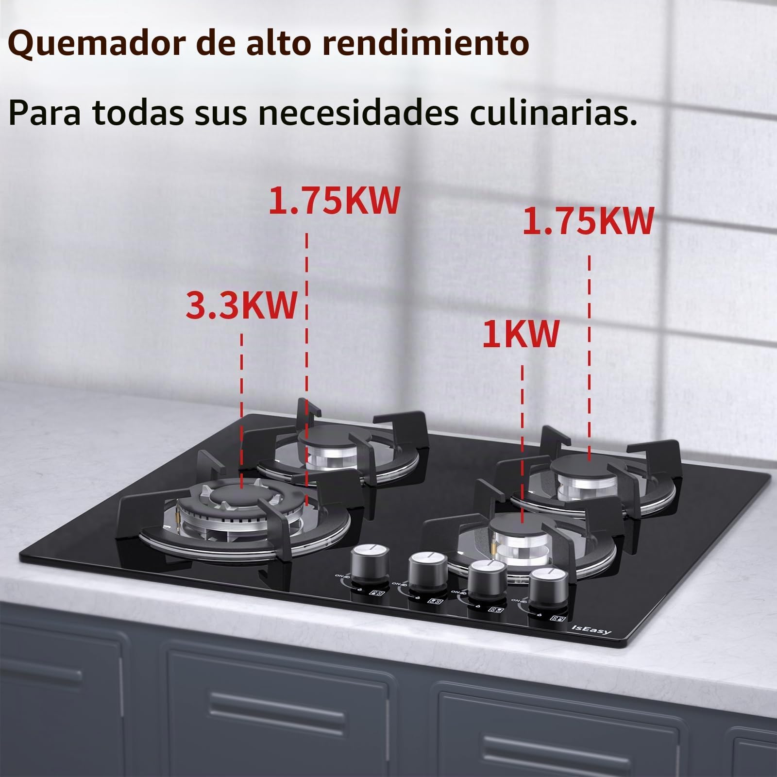 IsEasy Placa de Gas 4 Fuegos Negro, Encimera de Gas Butano/Natural/Propano,7800W, 60 cm