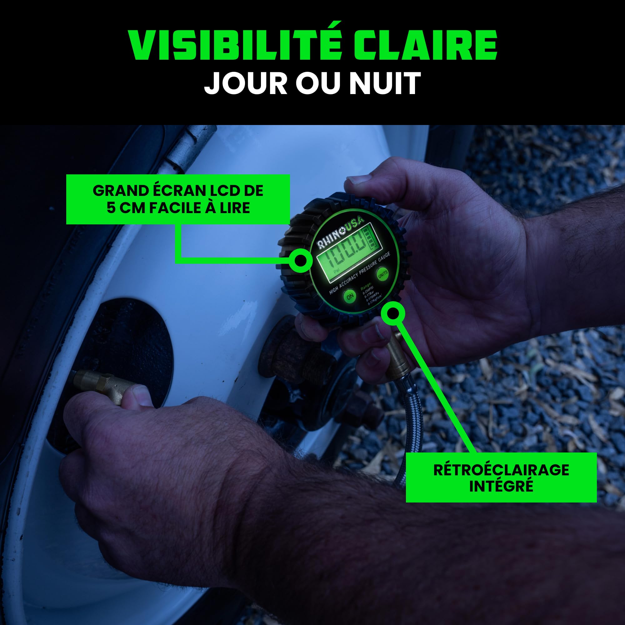 Manomètre numérique pour pneus (0-1700 kPa) – Cadran lumineux professionnel ANSI B40.7 précis – Jauge d'air robuste pour pneus de camion, voitures, semi-camions, camping-cars et plus encore.