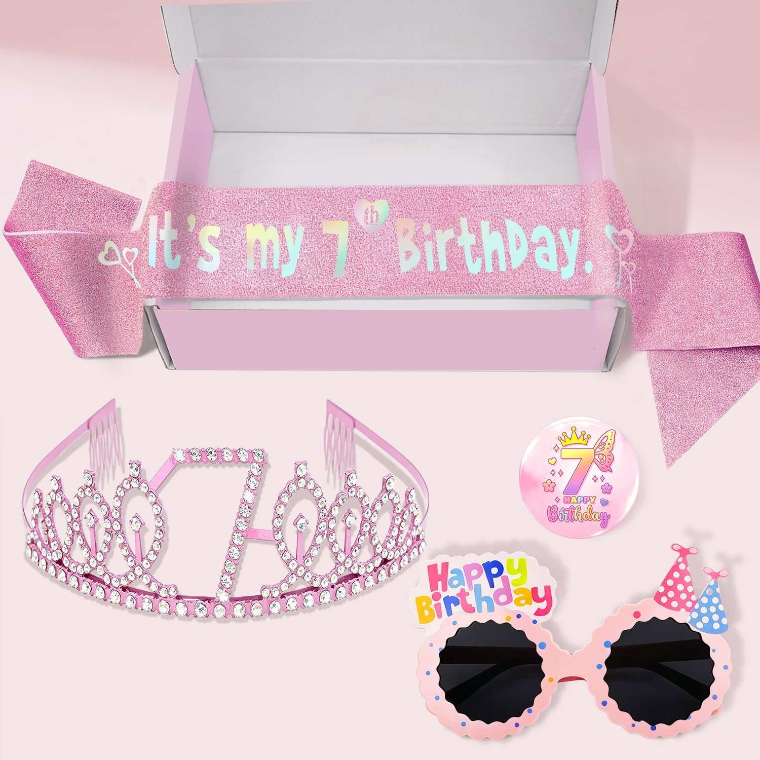 7th Birthday Decorations for Girls - 4 Pcs Glitter Sash and Crown Kit with & Badge, Happy Birthday Sunglasses, 7 Year Old Birthday Party Outfit Accessory