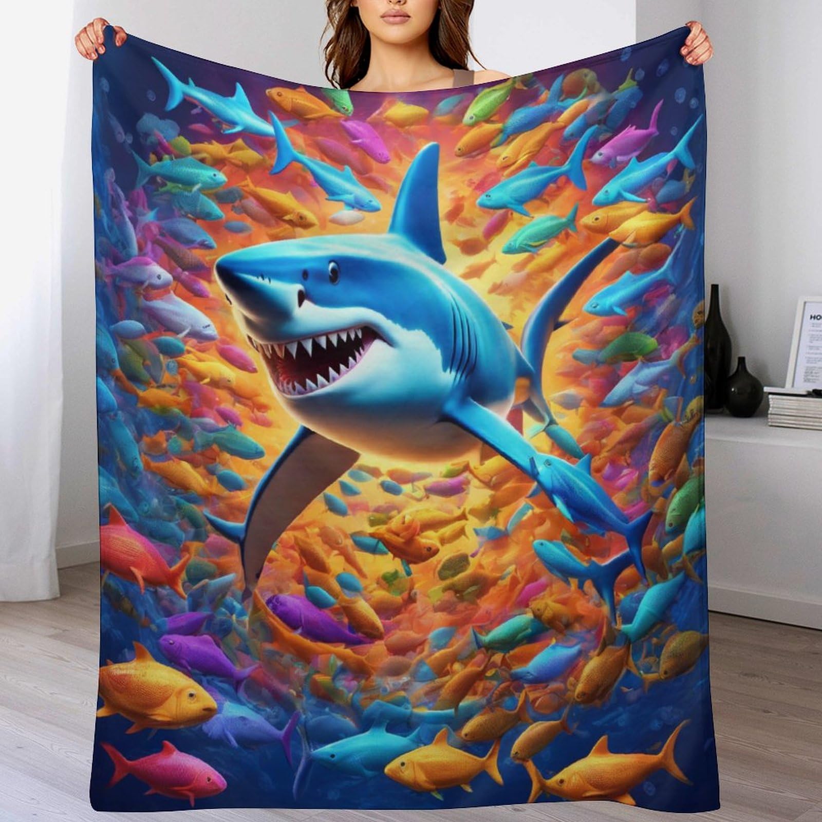 Couverture requin 130x180 cm plaid doux pour lit et canape