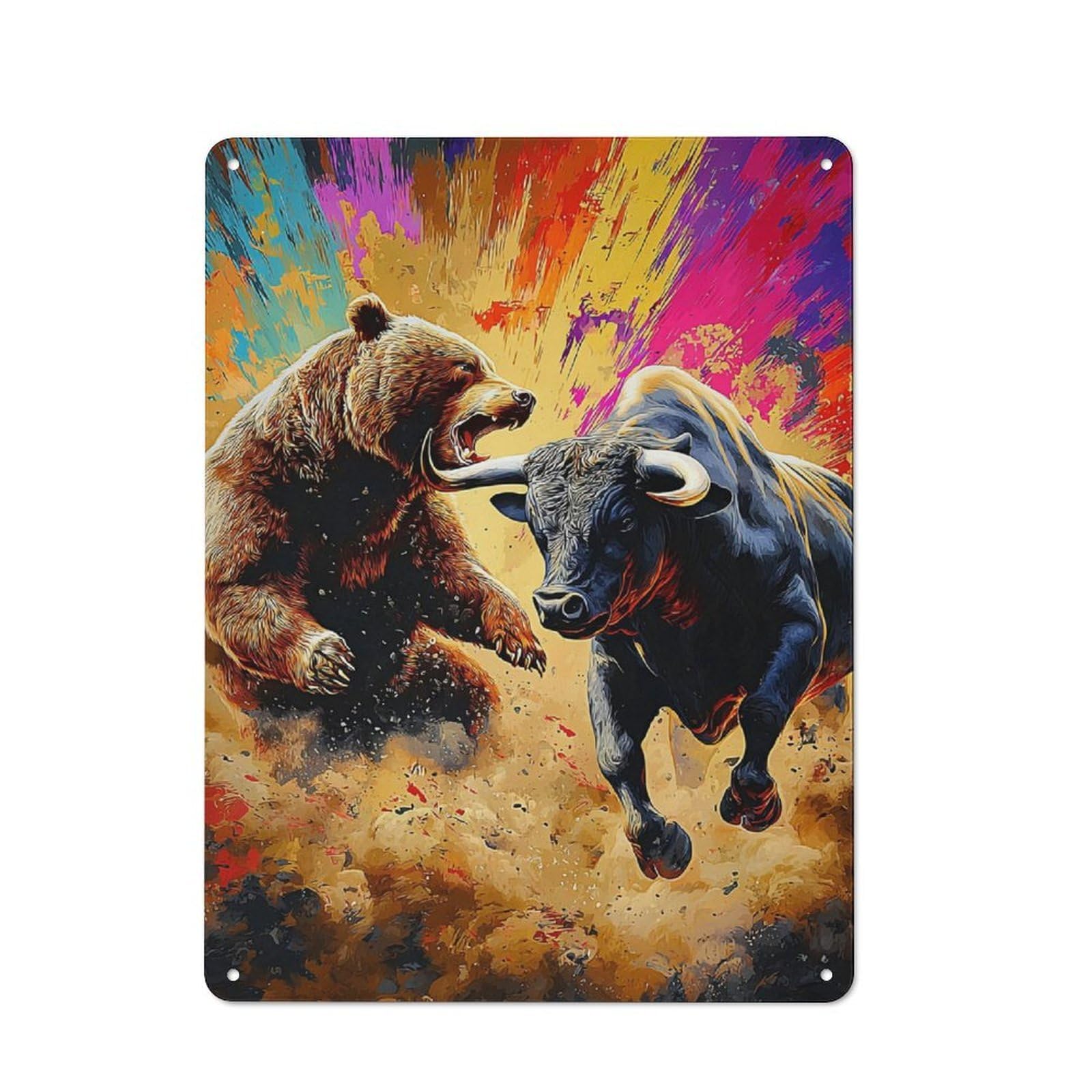 Junmoney Battle Of The Titans Bear Vs. Bull Retro Metal Wall Sign 40X30cm For Studio Or Craft Room, For Metal Sign Collectors, For Garage And Workshop Walls