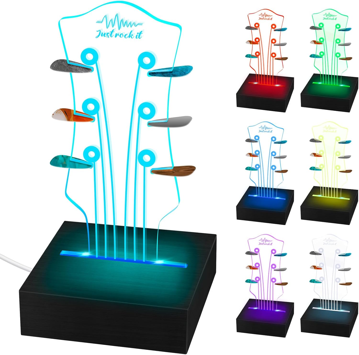 Guitar Pick Holder with with Remote Control & 7 Color LED Lights - Classic Headstock Shaped Display Case for 6 Picks, USB-Powered Music Decor & Nightlight Gift for Guitar Players