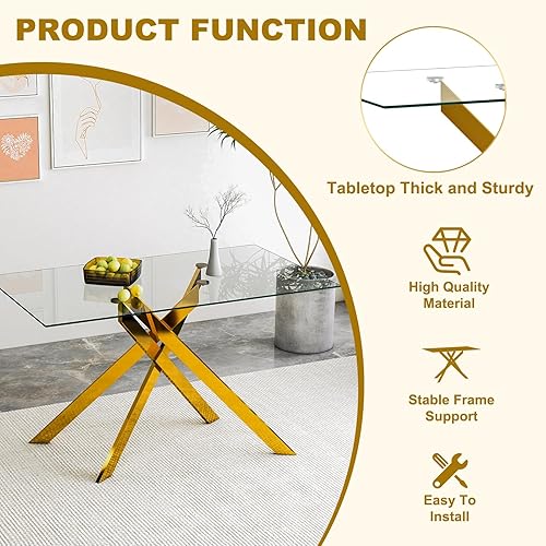 Miniatura 6 de Juego de mesa de comedor de vidrio de 51.18 pulgadas de ancho para 4, mesa de cocina rectangular moderna de vidrio con patas de metal dorado, 4 Mesa