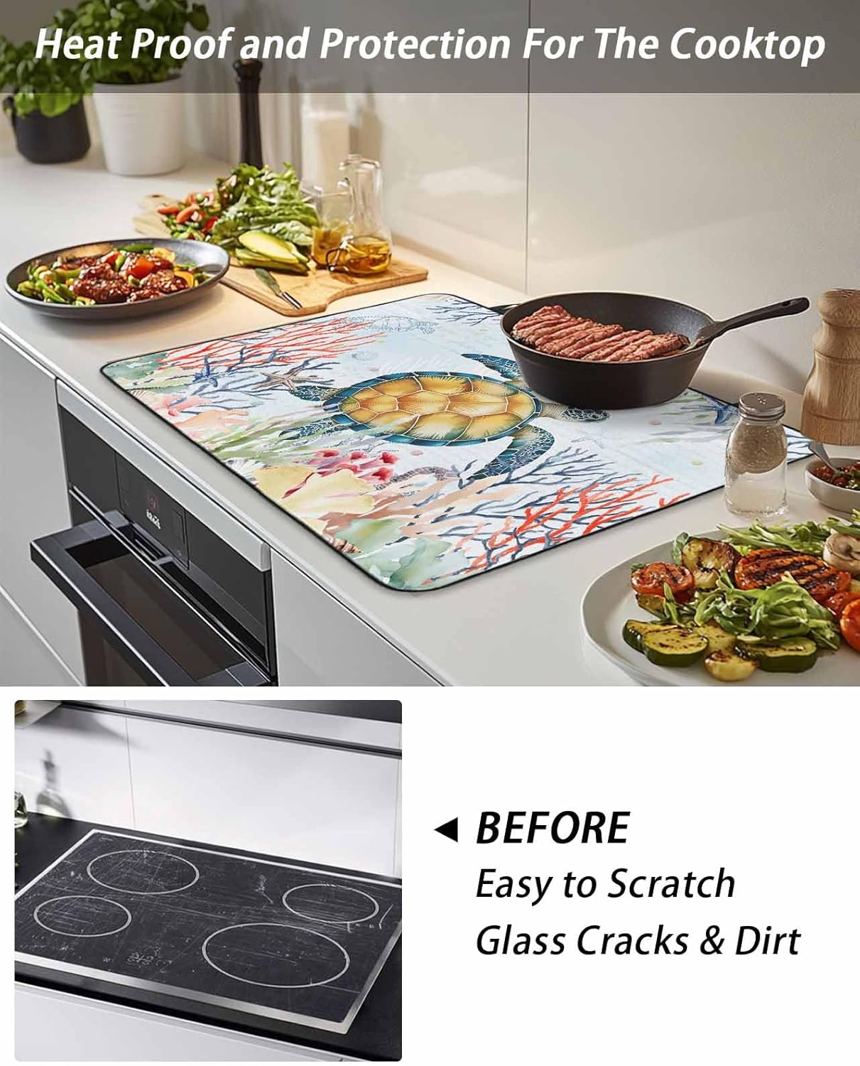 Sea Turtle Stove Cover for Electric Stove,Vintage Watercolor Ocean Animals Colorful Corals Seaweed Blue Stove Top Cover for Glass Top,Heat Insulation Foldable Cooktop Top Protector,28.5"x20.5"