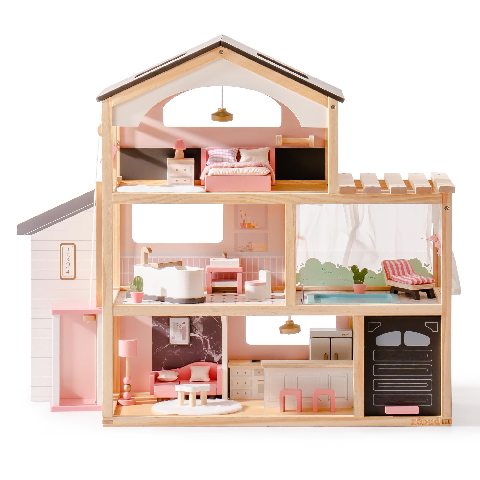 ROBUD Casa delle bambole in legno, villa delle bambole con mobili, con ascensore, garage, gazebo e piscina, regalo per bambini dai 3, 4, 5, 6 anni in su, nero
