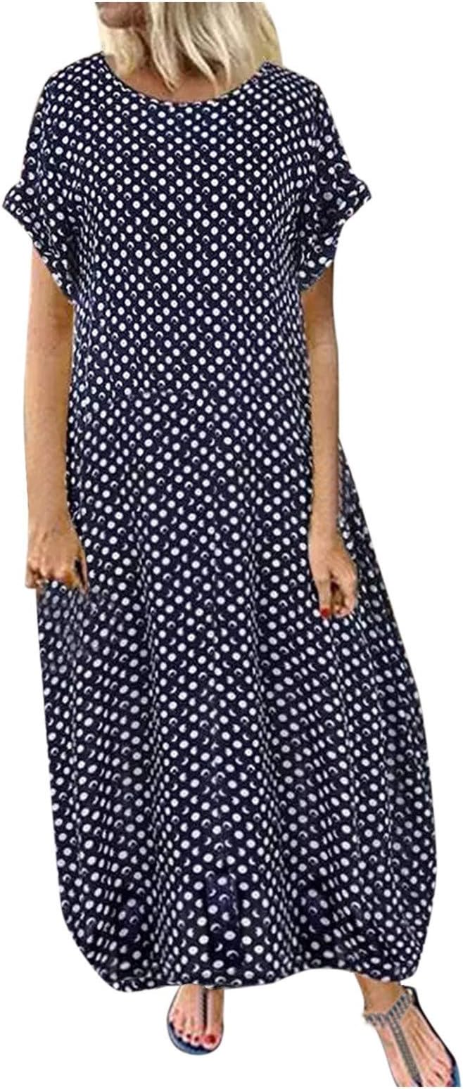2023 Women's Casual Summer Plus Size Polka Dot Long Maxi Dresses Loose Baggy Short Sleeve Sundresses with Pockets