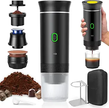 Cafetera portátil 3 en 1 | Mini cafetera de viaje Espresso | Cafetera camping 12V | Compatible con cápsulas Nespresso, Dolce Gusto y café molido