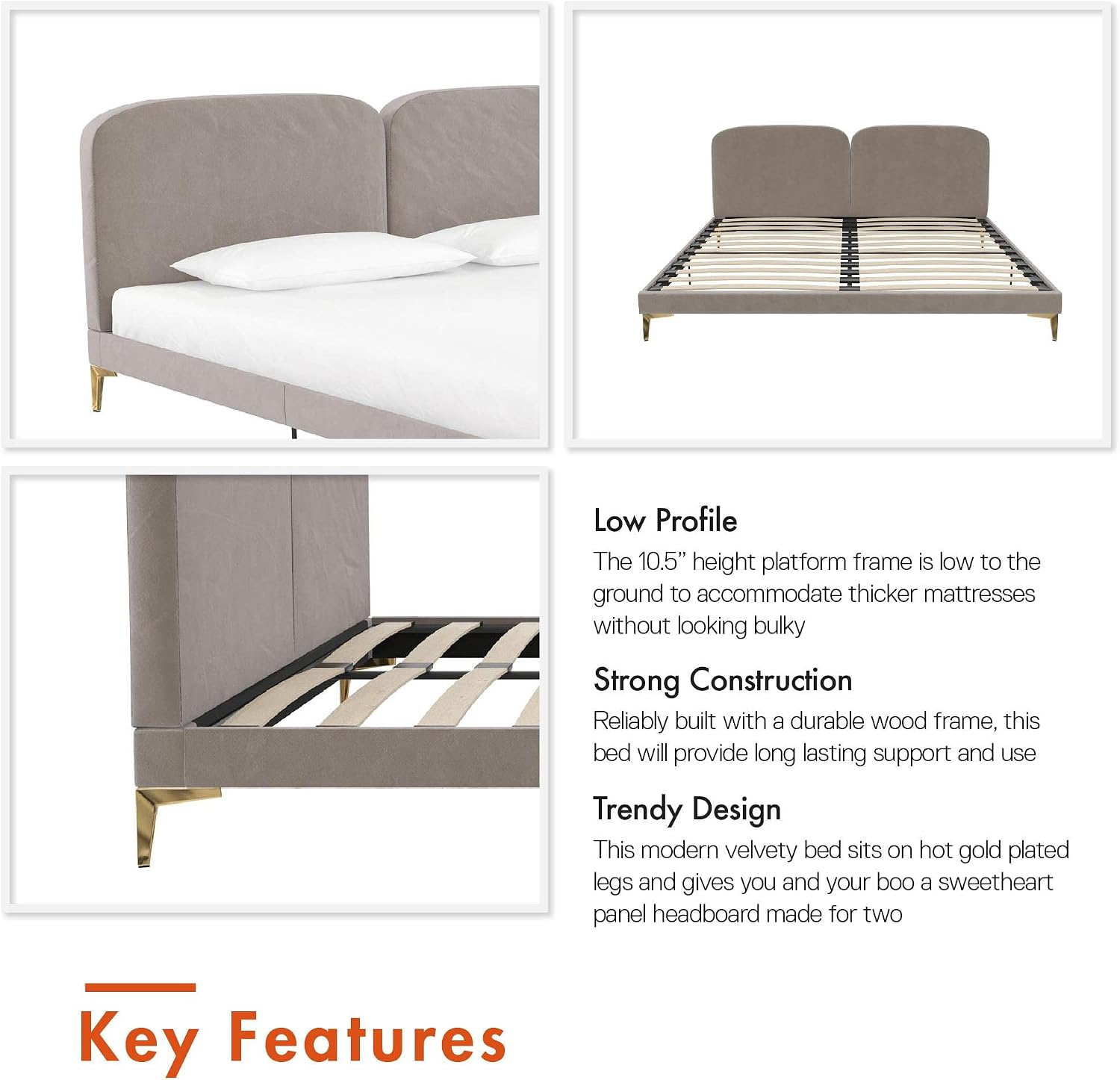CosmoLiving by Cosmopolitan Coco Upholstered Bed, King, Taupe Velvet
