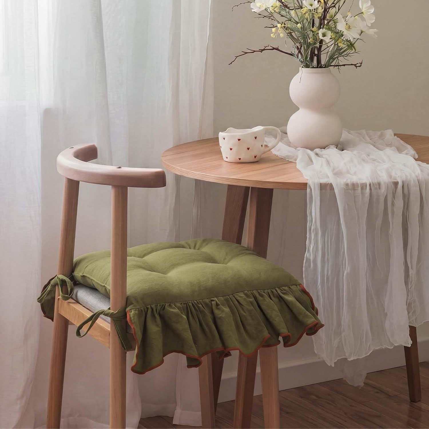 Wenqik 4 Pack Green Chair Cushions with Ties, 16"x16" Cotton Non-Slip