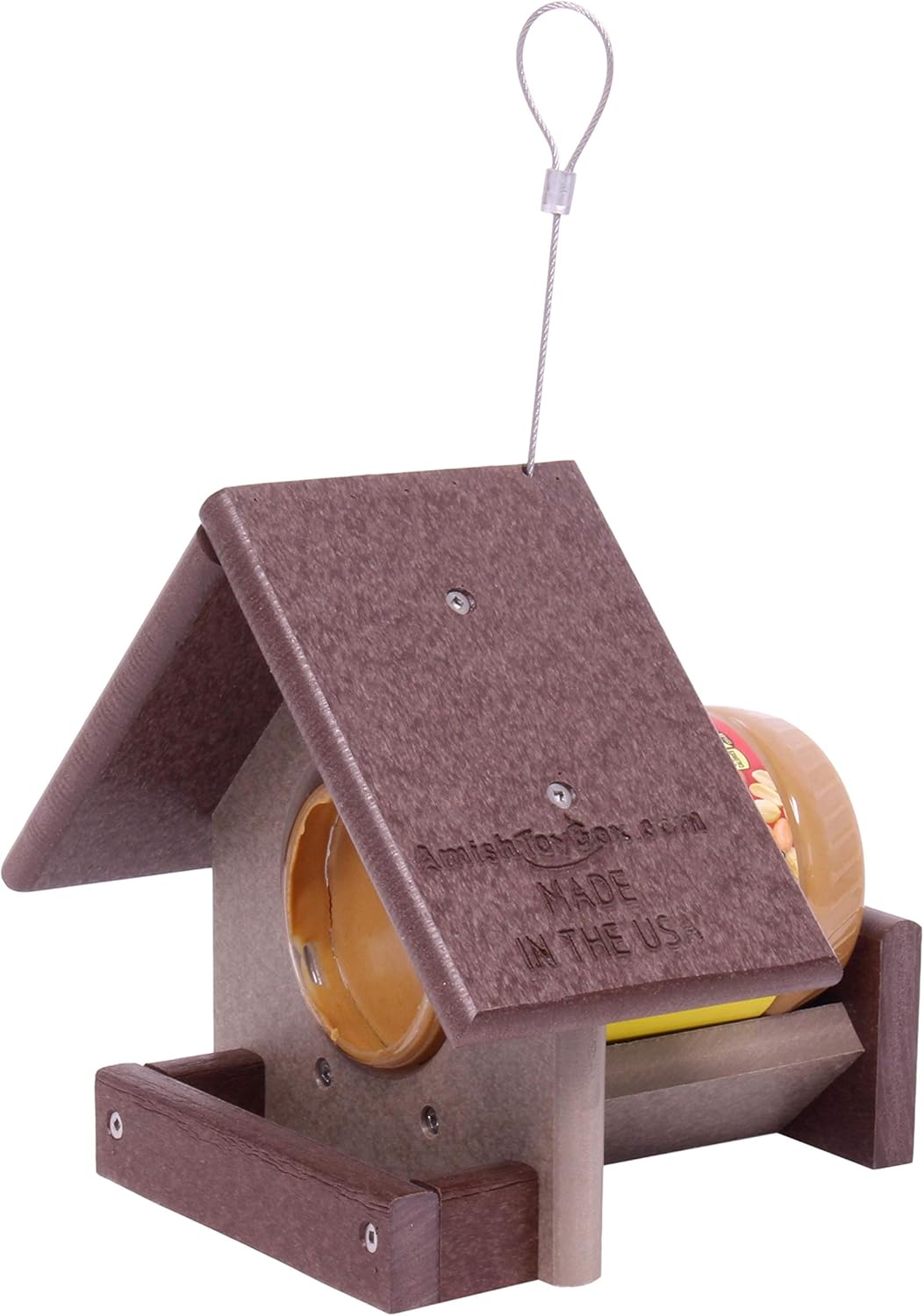 AmishToyBox Peanut Butter Bird Feeder, Eco-Friendly Poly Lumber, Fits 18 Oz. Jar of Peanut Butter (Tudor Brown/Weathered Wood), Amish-Made