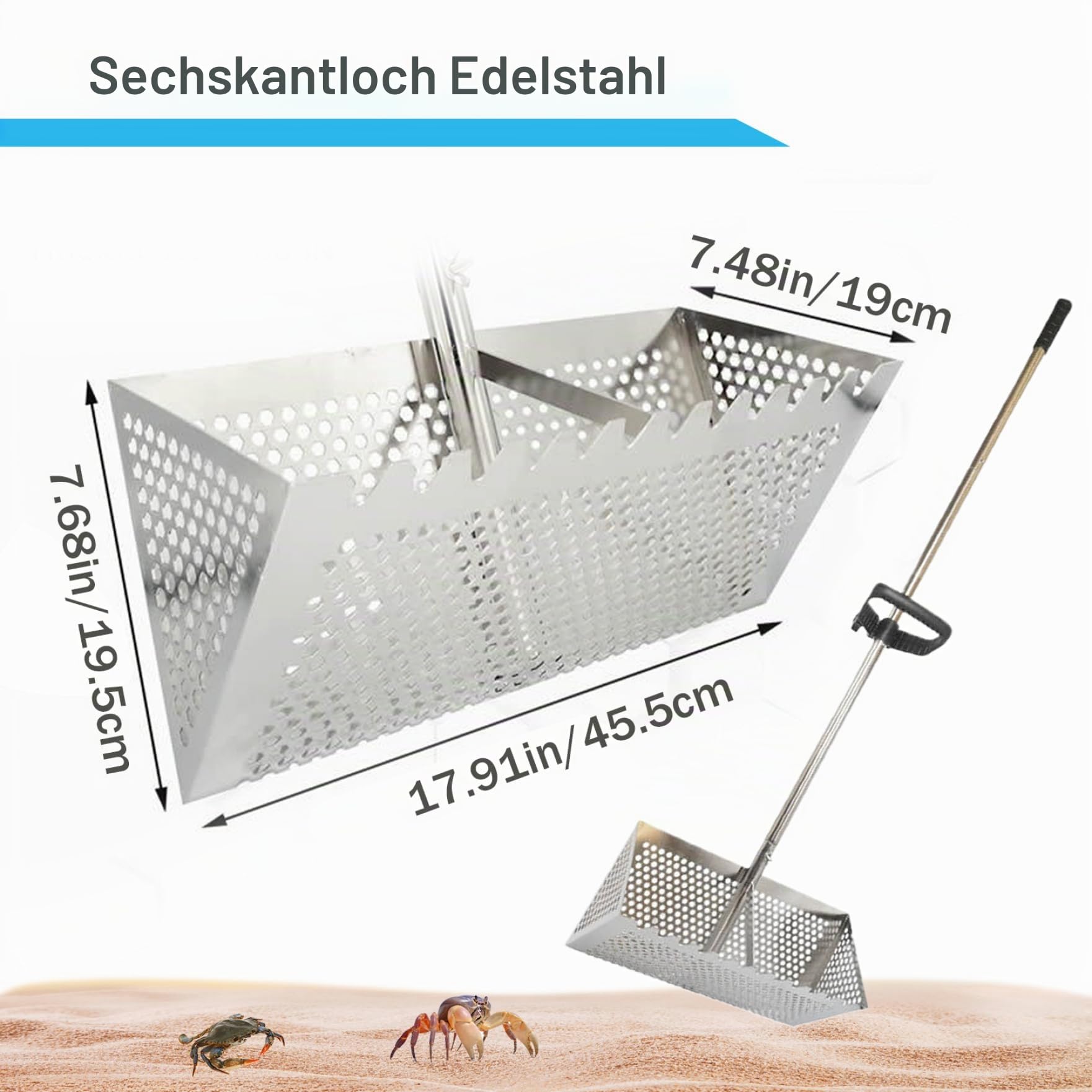 Sandflohharke Strand-Sandsieb aus Edelstahl mit 15,8-Zoll-Haifischzahn-breitem Korb, abnehmbarer Sandrechen mit langem Griff für den Strand