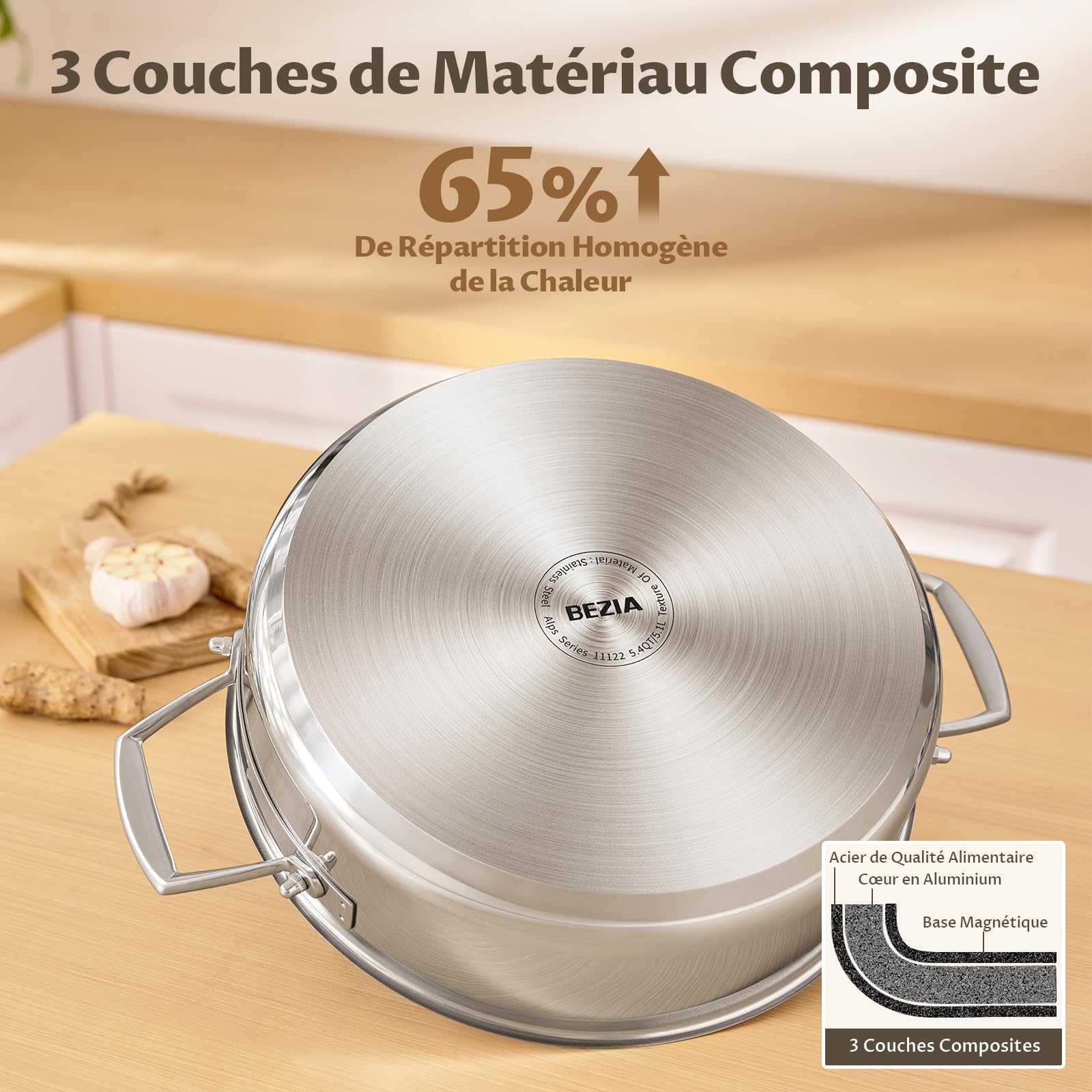 BEZIA Sauteuse 28 cm avec Couvercle, Faitout Induction 5,2 L | Poêle inox 18/10, revêtement céramique sans PTFE, cocotte/poêle passe-four pour mijoter, rôtir & cuire