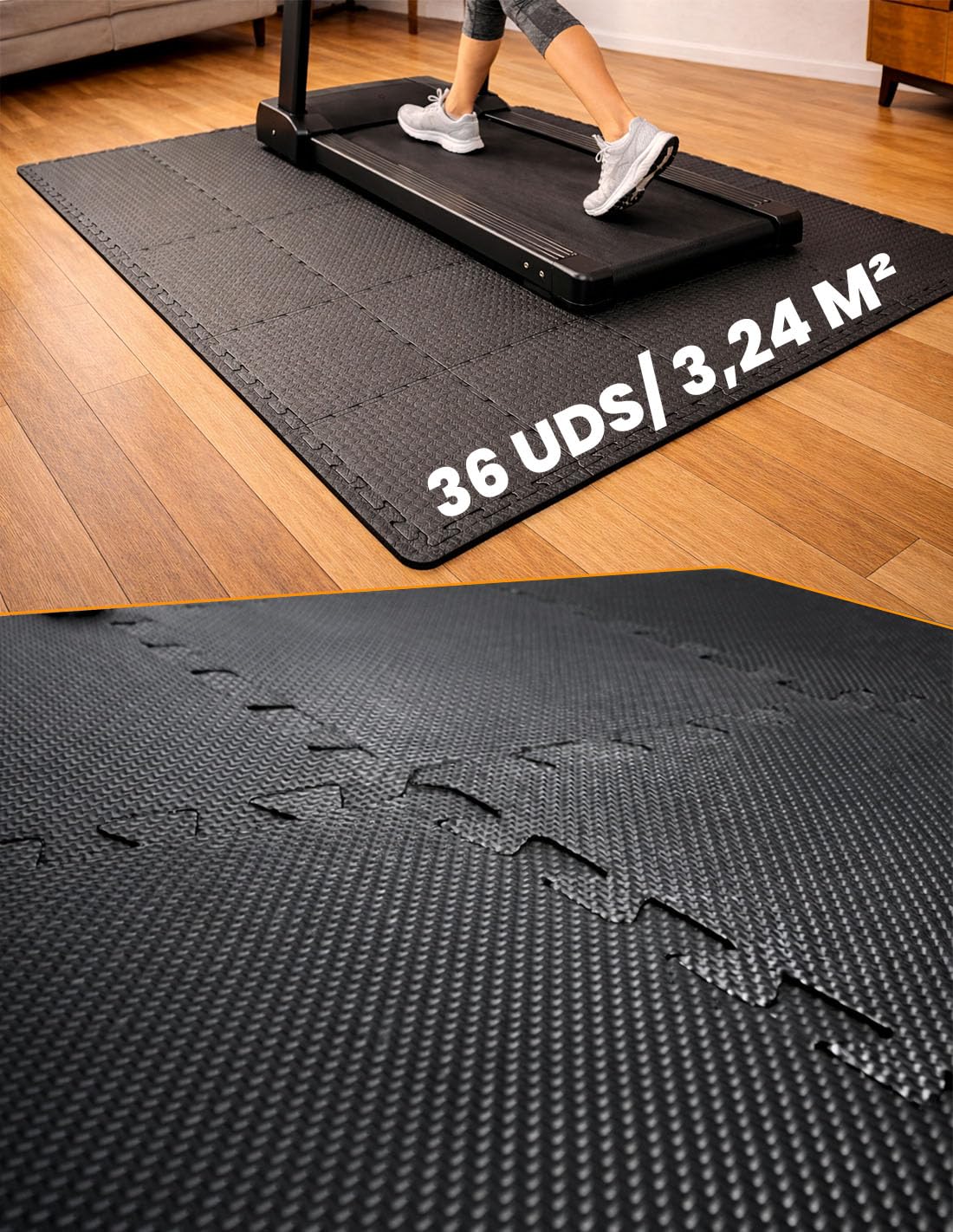 JARDIN202 - Esterilla Puzzle para Suelos de Gimnasio y Fitness | Protección de Goma Espuma, Tatami Puzzle Expandible 30x30cm (10mm) | 36 Uds | 3,24 m² (Negro) — view 6