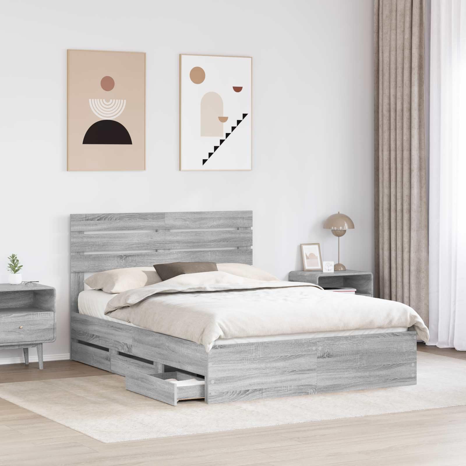 Marco de cama moderno de madera compuesta en gris sonoma 160 x 200 cm con somier de listones y cajones de almacenamiento ocultos, diseño autosostenido