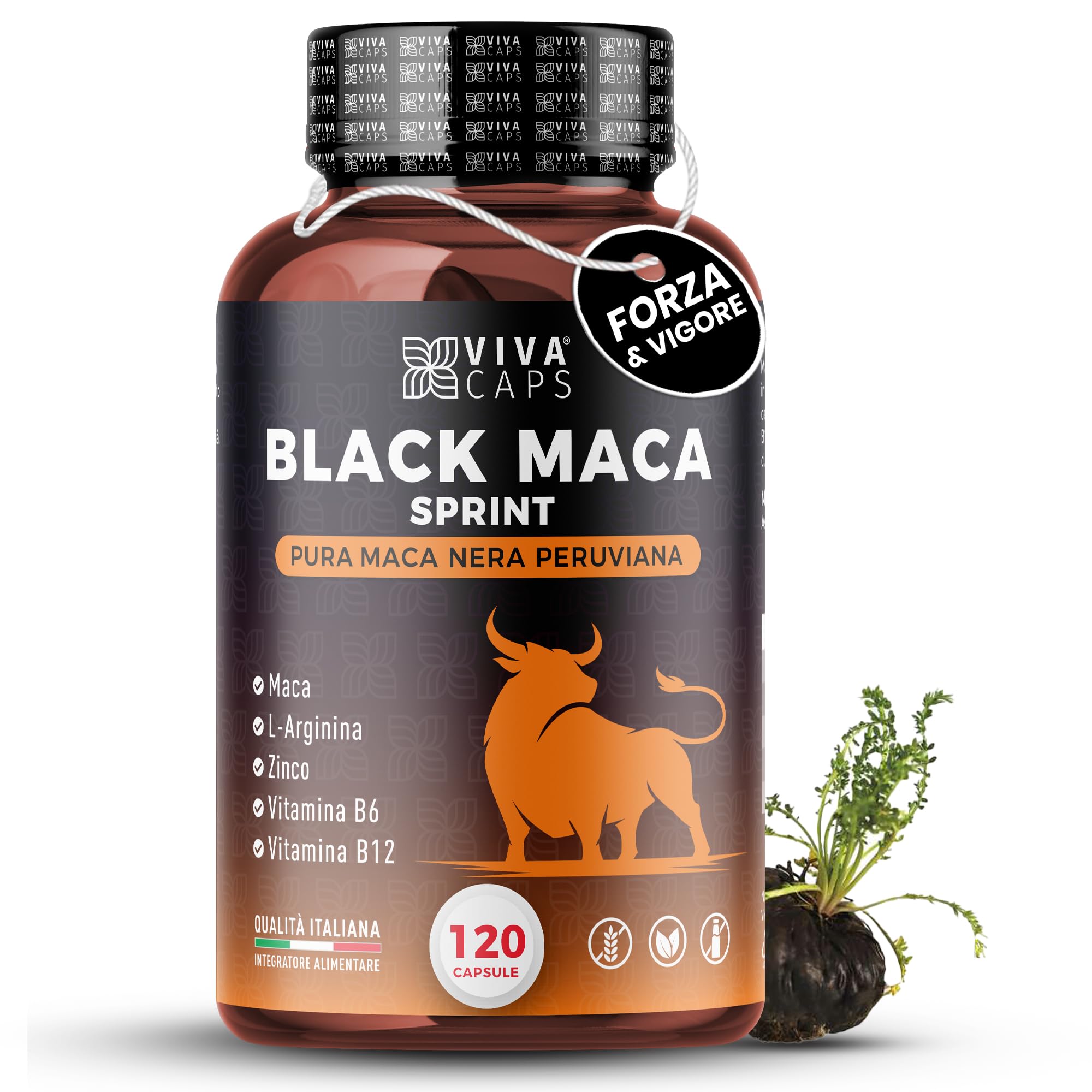 Maca peruviana 24000 mg al giorno estratto 20:1 120 Cps, Black maca con L-Arginina, Zinco, Vitamina B6 e B12 per energia e supporto per la massa muscolare - Made in italy