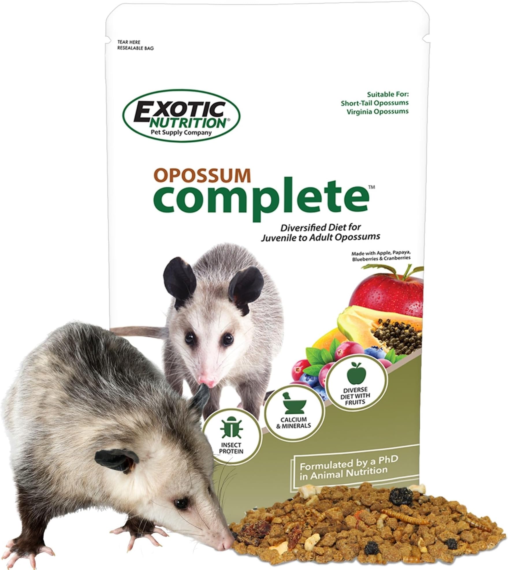 Exotic Nutrition Opossum Complete - Nutritionally Complete Healthy Pellet Diet - Food for Short-Tailed & Virginia Opossums (1 lb.)