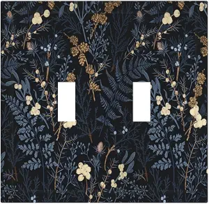Decorative Switch Plate Covers Rustic Navy Dark Blue Leaves Golden Floral 2 Gang Light Switch Cover Plate Unique Double Toggle Wall Plate Light Switch Covers for Bedroom Home Decor
