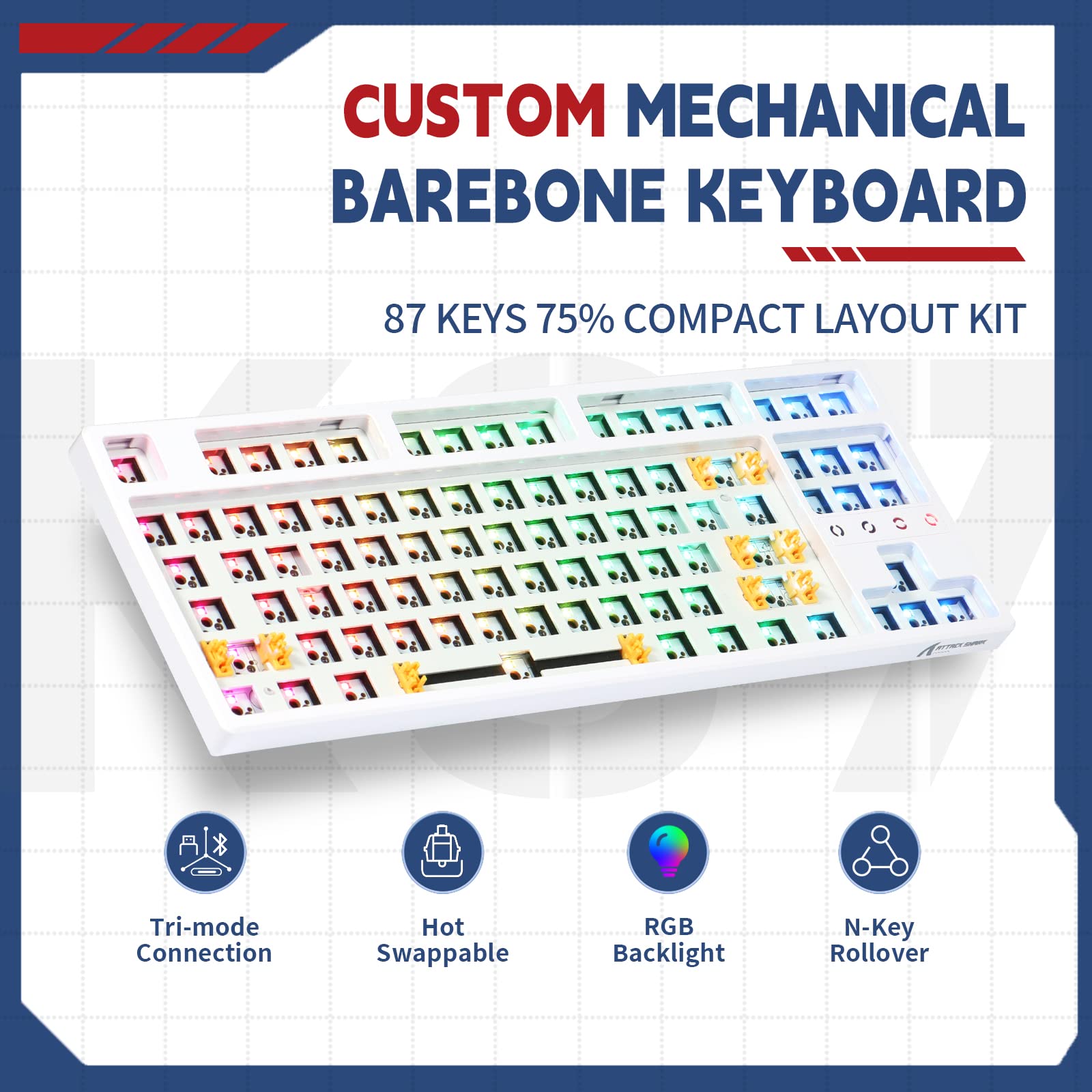 Attack Shark GK87 GMMK TKL Clavier Mécanique sans Fil RGB Barebone (Bluetooth/2.4Ghz/Type-C), Hot-Swappable Kit DIY Clavier Gamer ANSI avec Cable USB C Spiralé, pour Gateron/Cherry/Akko, Blanc