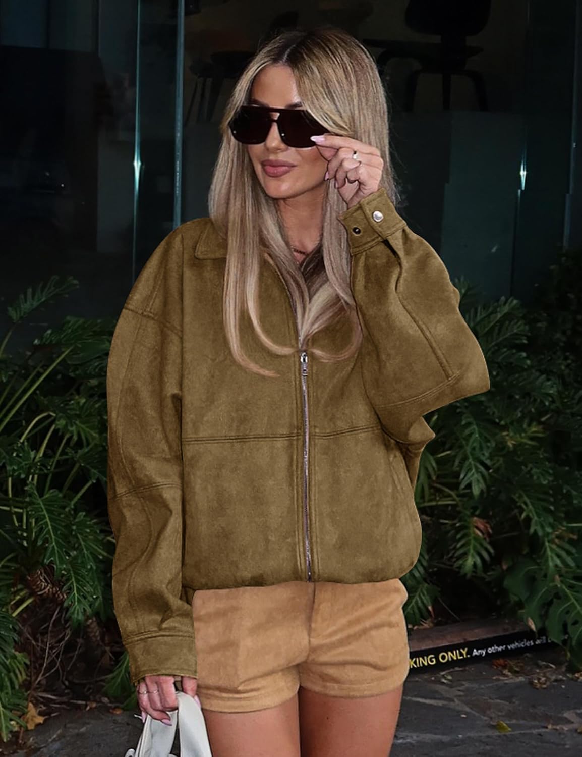 PHISOCKAT Women's Faux Suede Jackets Zip Up Long Sleeve Suede Bomber Oversized Jacket Fall Jackets with Pocket - Image 4