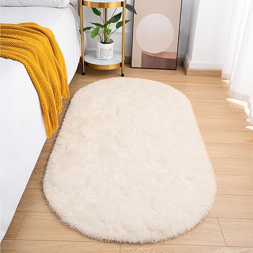 Goideal Fluffy Bedroom Rug, Small Oval Area Rugs, Cream Shag Bedside Carpet for Kids Room Nursery Dorm Cute Fuzzy Indoor Decor for Boy and Girl, 2.6 x 5.3 Feet