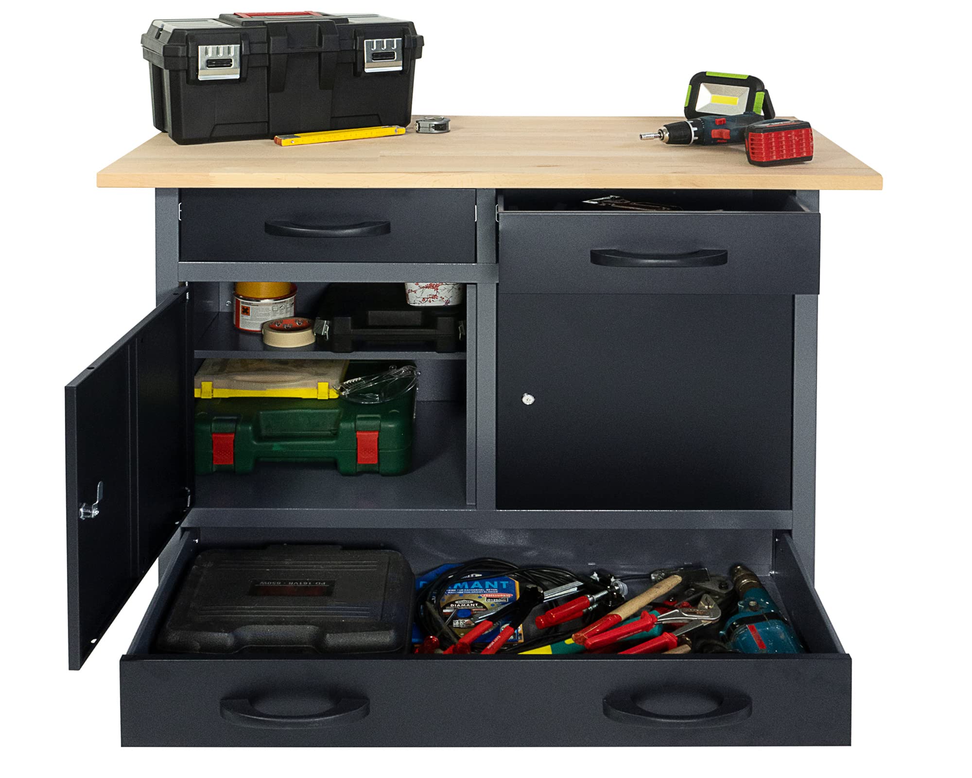 Ondis24 Banco da lavoro 120 cm, 3 cassetti con cuscinetti a sfera e 2 ante bloccabili, piano di lavoro in legno di faggio da 28 mm, altezza di lavoro 95 cm, certificato TÜV, installazione in officina