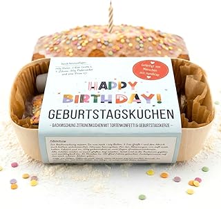 Geburtstagskuchen Backmischung im Geschenkset, Zitronenkuchen mit Kerze & buntem Zucker-Konfetti, schnell & einfach gebacken, Geschenkidee zum Geburtstag für Familie, Freunde, Kollegen & Nachbarn