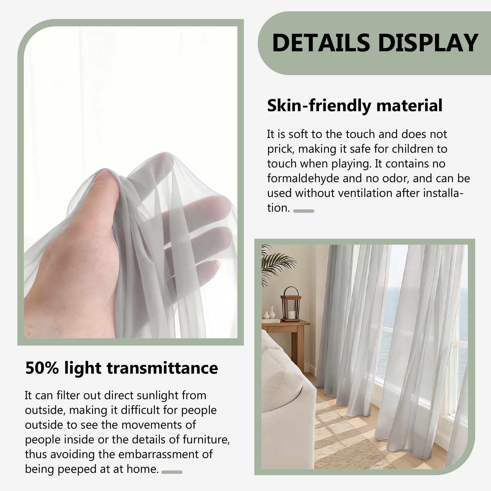 Voile Vorhänge mit Ösen 300 x 245 cm Ösenvorhang Halbtransparent Wohnzimmer Gardine Polyester für Schlafzimmer Fenstergardinen, Hellgrau