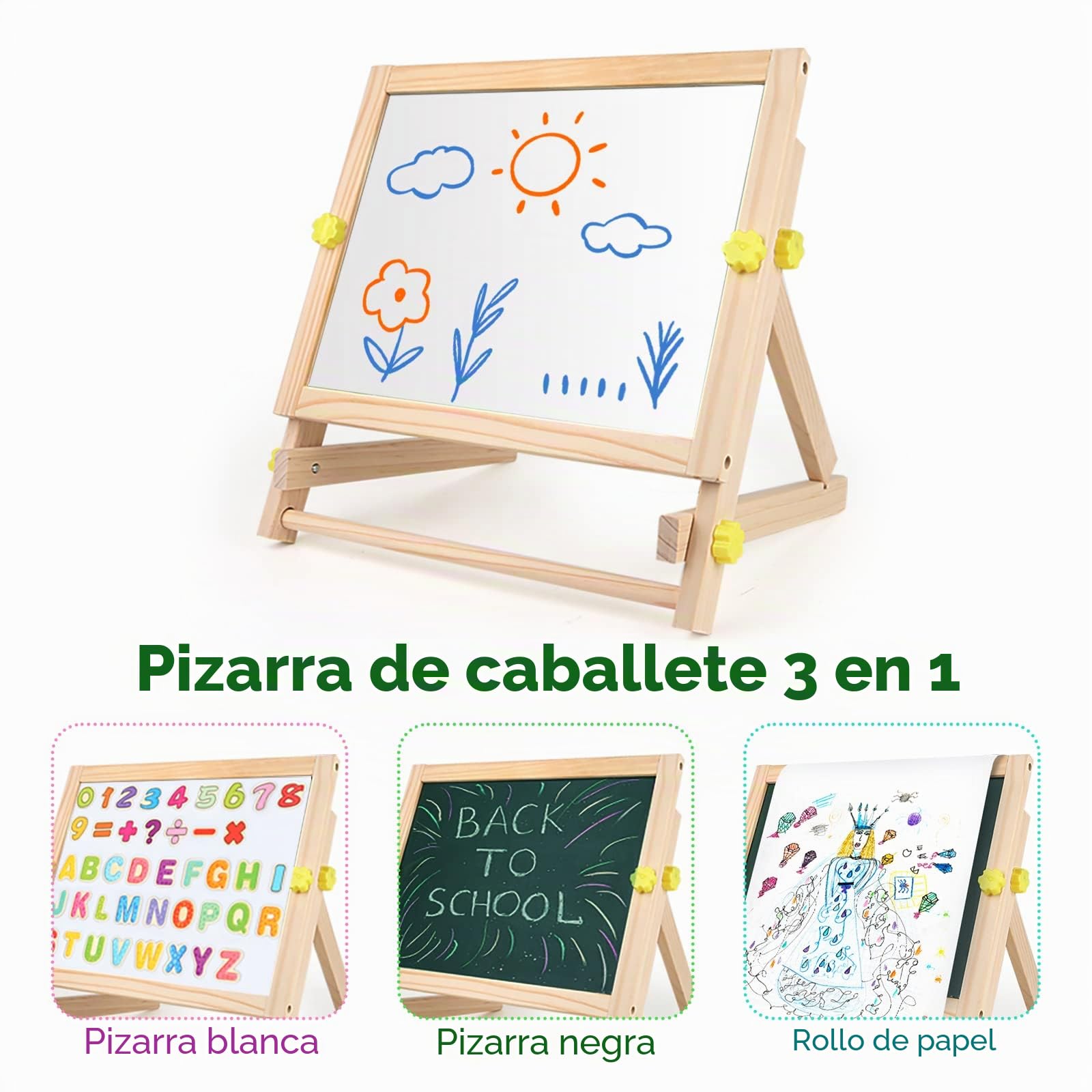 kramow 3 En 1 Pintar Pizarra Magnética De Madera para Infantil,Tableros De Caballete Tablero de Dibujo de Doble Cara para Niños Niña 3 Años 4 Años 5 Años
