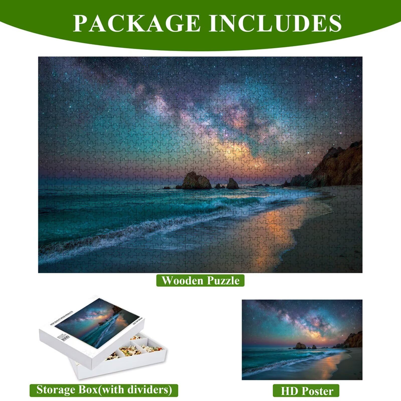 Puzzle 2000 elementów - Gwiaździste niebo i plaża - Trwałe drewniane puzzle z literami na odwrocie - 75 x 105 cm - Kreatywne hobby bezpyłowe - Artykuł kolekcjonerski i 14 lat w górę P3#283