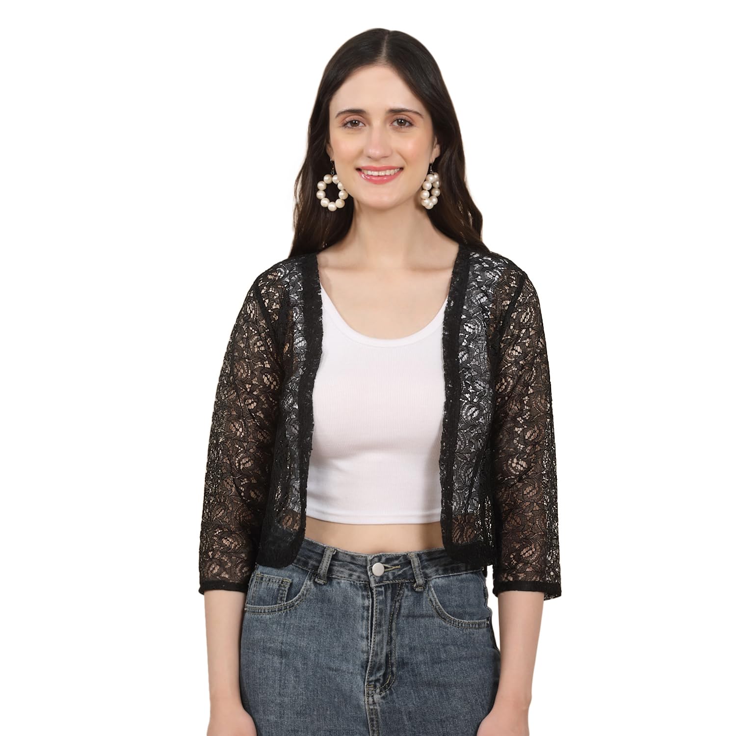 Women's Floral Lace Shrug | Open Front 3/4 Sleeve Cropped Shrug | Lightweight Regular Fit Casual, Party Cover-Up for Women-image-33