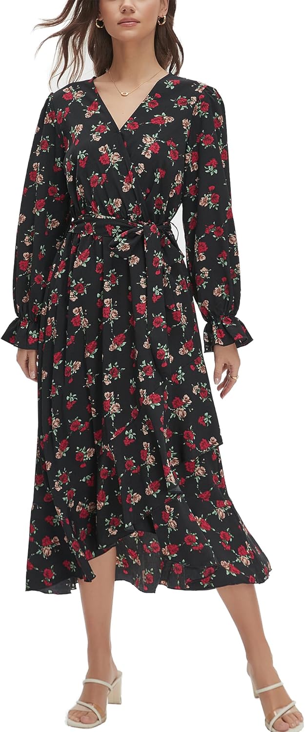 Women's Floral Bohemian Dress Long Sleeve Wrap V Neck Ruffle Flowy Maxi Casual Tie Waist Boho Asymmetrical Vacation Dresses