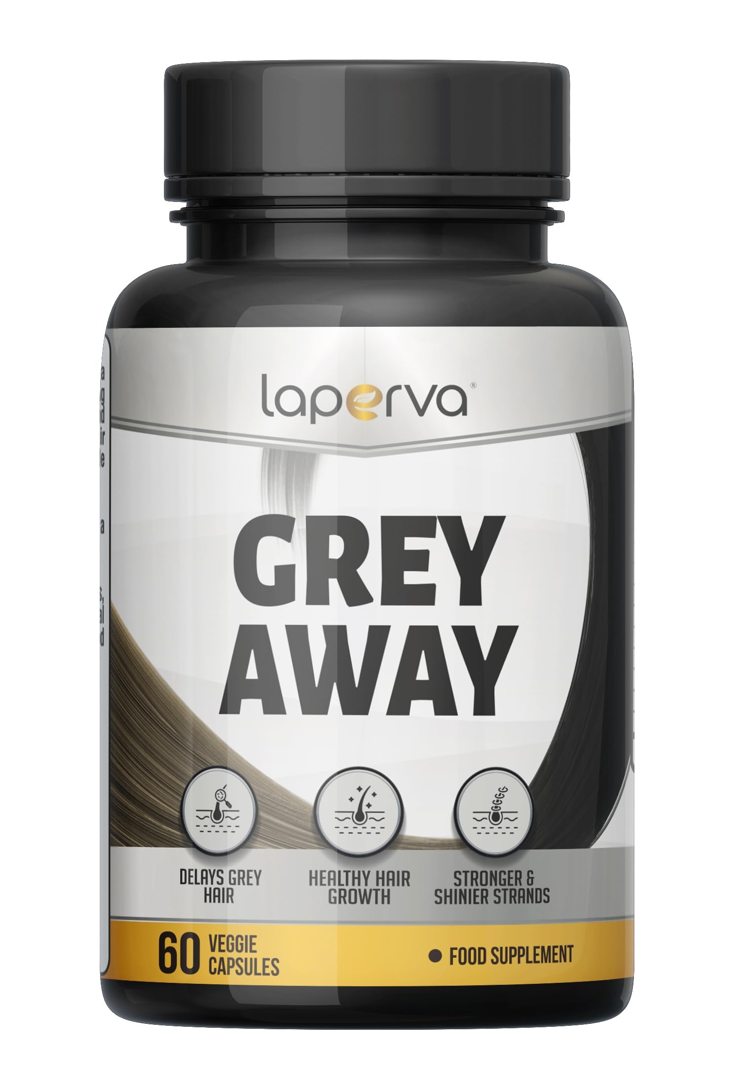 Laperva Grey Away, Stimulate Hair Growth and Shine, Delay Greying & Enhancing Hair, Skin & Nail Health- UV Protection - Contains Antioxidants (Biotin, Copper, and Paba) - 60 Plant-Based Capsules.