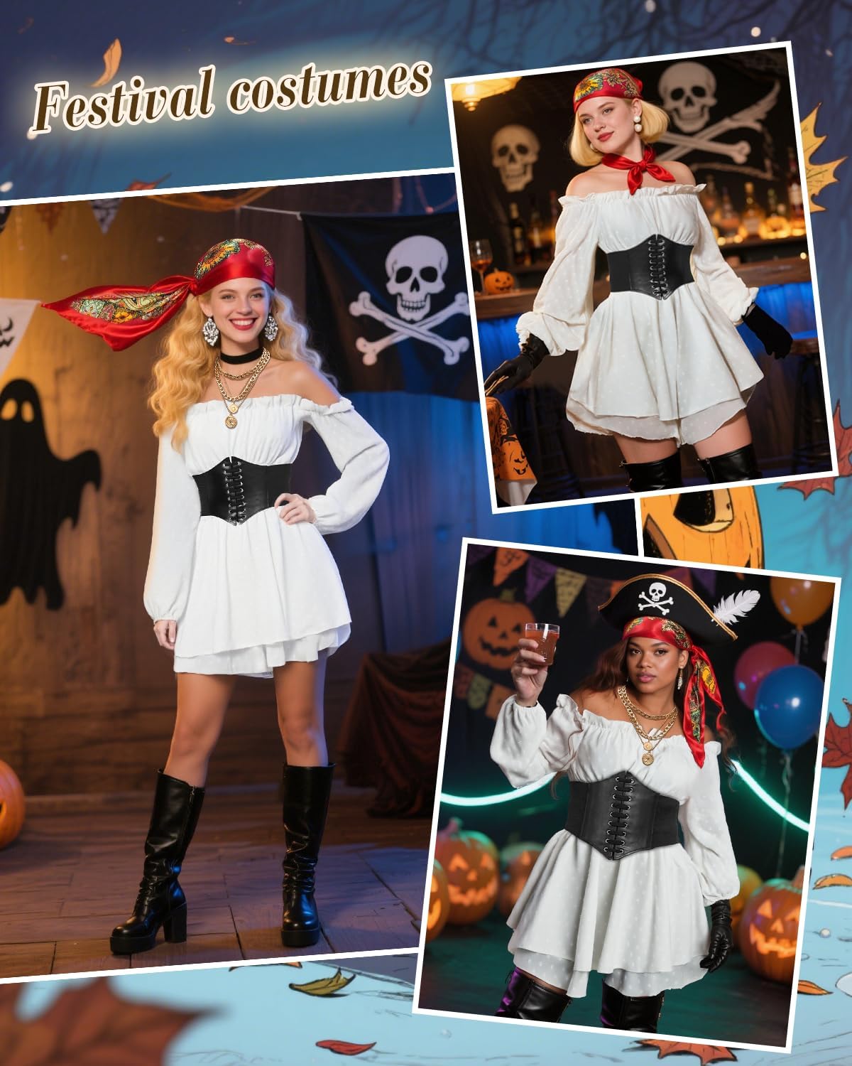 Women Pirate Costume Dress with Corset Accessories Long Sleeve Romper Short Off Shoulder Dress - Image 2