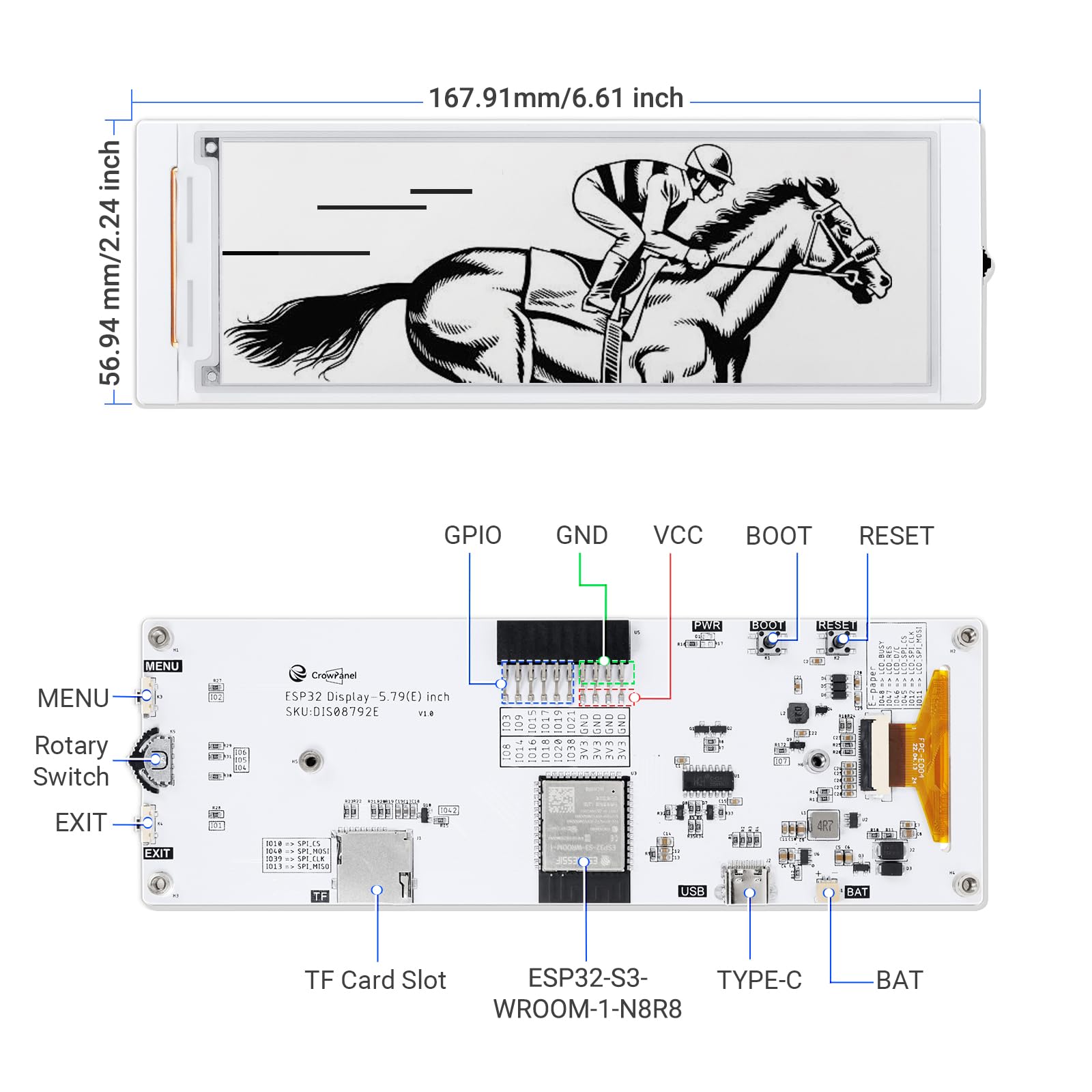 ELECROW ESP32 Display a inchiostro elettronico da 5,79 pollici, CrowPanel Display E-Paper HMI Compatibile con Arduino IDE, Schermo E Ink con risoluzione 272x792 a colori bianco/nero, gestito da