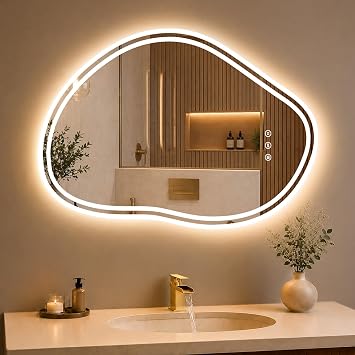 Bathroom Mirror with Light Asymmetrical Mirror with Lighting 3 Colours Dimmable Anti-Fog Asymmetrical Bathroom Mirror with Lighting Touch Switch 80 x 53 cm [Energy Class D]