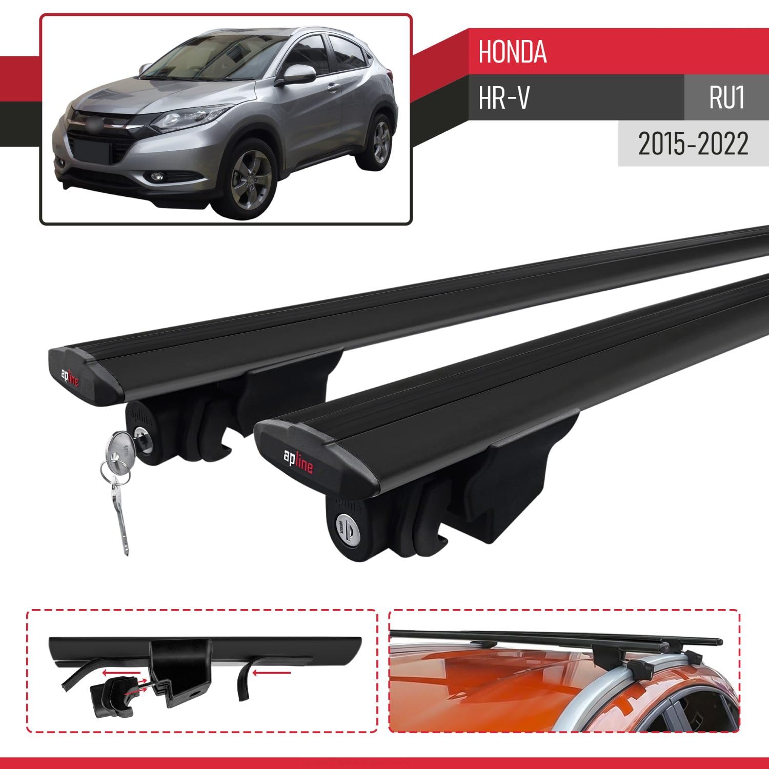 Compatible avec Honda HR-V (RU1) 2015-2022 Hook Modèle Barres de Toit Railing Porte-Bagages de Voiture Aluminium Noir 2 Barres