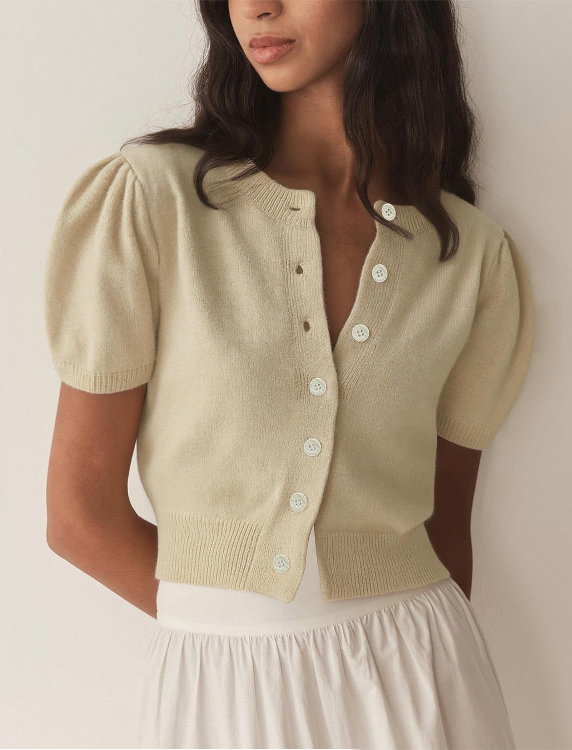 Womens Puff Short Sleeve Cardigan Sweaters Cropped Button up Lightweight Y2k Knit Summer Cardigans - Image 5