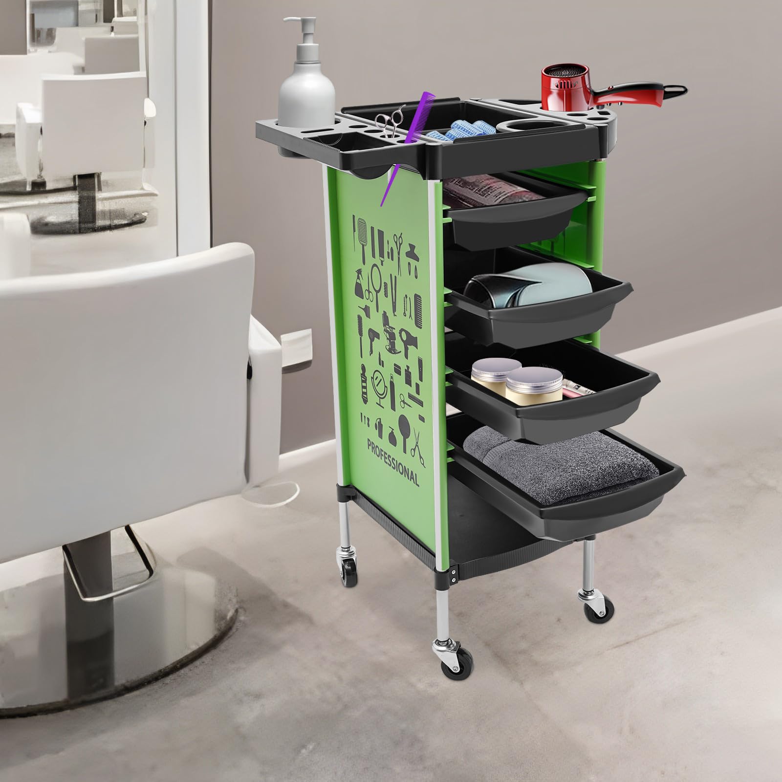 Chariot de coiffeur noir avec tiroirs sur pied rectangulaire pour salon de maquillage